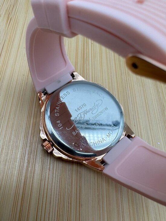 Ed Hardy Ladies Pink Silicone Strap Watch Rose Gold Tone Skull Analog Quartz